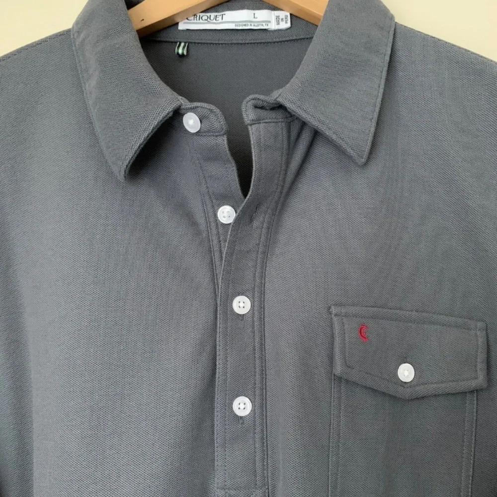 Criquet Men's Long Sleeve Pique Polo Shirt Pima Cotton Large Gray L golf 125$ - Picture 2 of 8